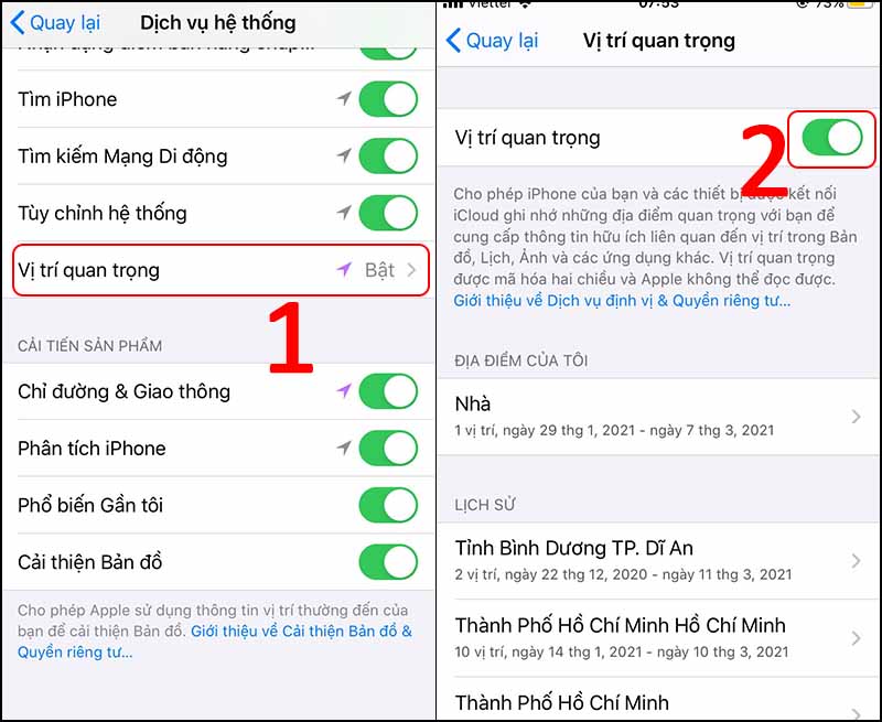 Chọn Vị trí quan trọng > Gạt nút sang trái để tắt Vị trí quan trọng.